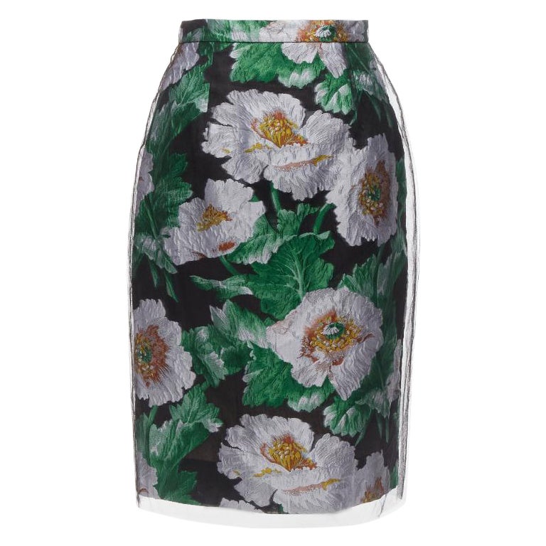 OSCAR DE LA RENTA 2020 black tulle overlay grey floral jacquard skirt US0 XS For Sale