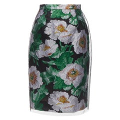 OSCAR DE LA RENTA 2020 black tulle overlay grey floral jacquard skirt US0 XS