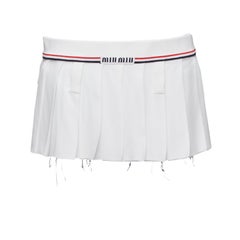 MIU MIU 2022 Runway Sable white striped logo frayed edge tennis micro skirt S