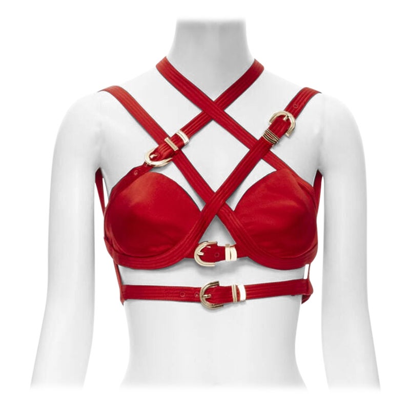 new VERSACE 2019 Runway S&M Bondage Tribute red silk gold buckle bra top IT38 XS For Sale