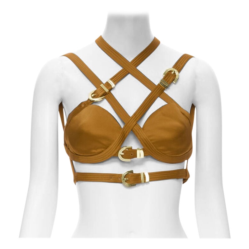 new VERSACE 2019 Runway S&M Bondage Tribute brown silk gold buckle bra IT38 XS For Sale