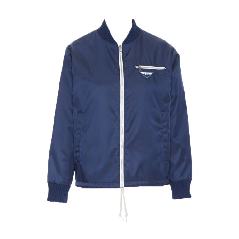 new PRADA Nylon 2018 blue triangle rubber logo zip front bomber jacket IT40 S For Sale