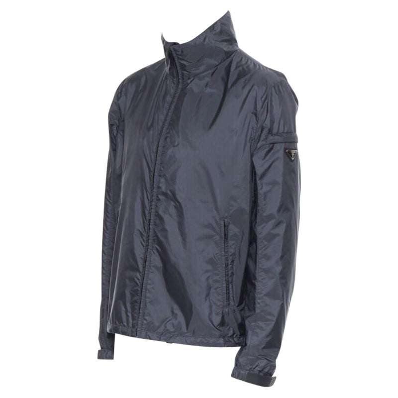 new PRADA Nylon 2018 navy enamel triangle rubber logo cuff zip shell jacket IT54 For Sale