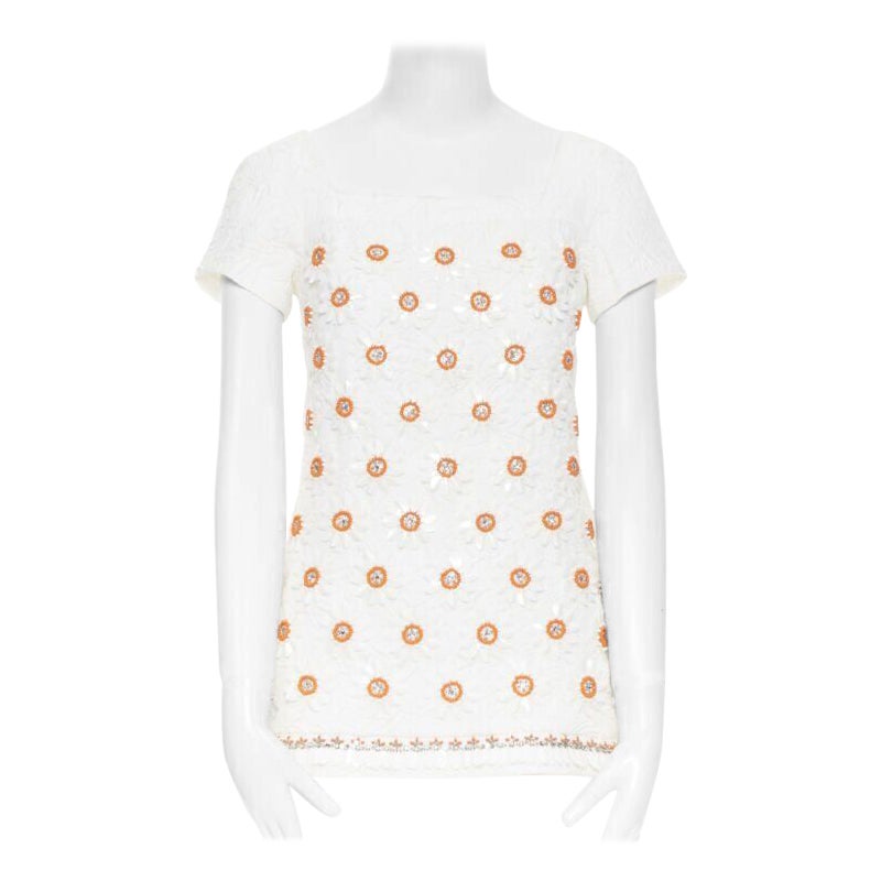 MOSCHINO white cloque cotton orange bead crystal floral embellished top IT38 For Sale
