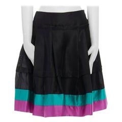 ROBERTO CAVALLI 100% silk black tiered pleated green pink hem flared skirt IT38