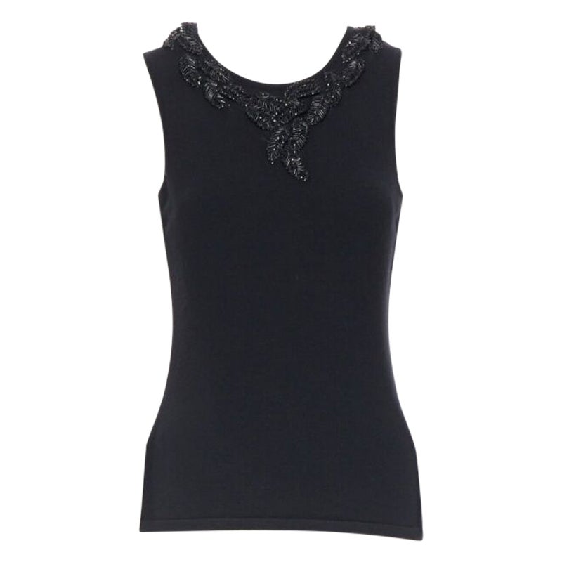 OSCAR DE LA RENTA black cashmere sequin bead leaf embroider applique vest top XS For Sale