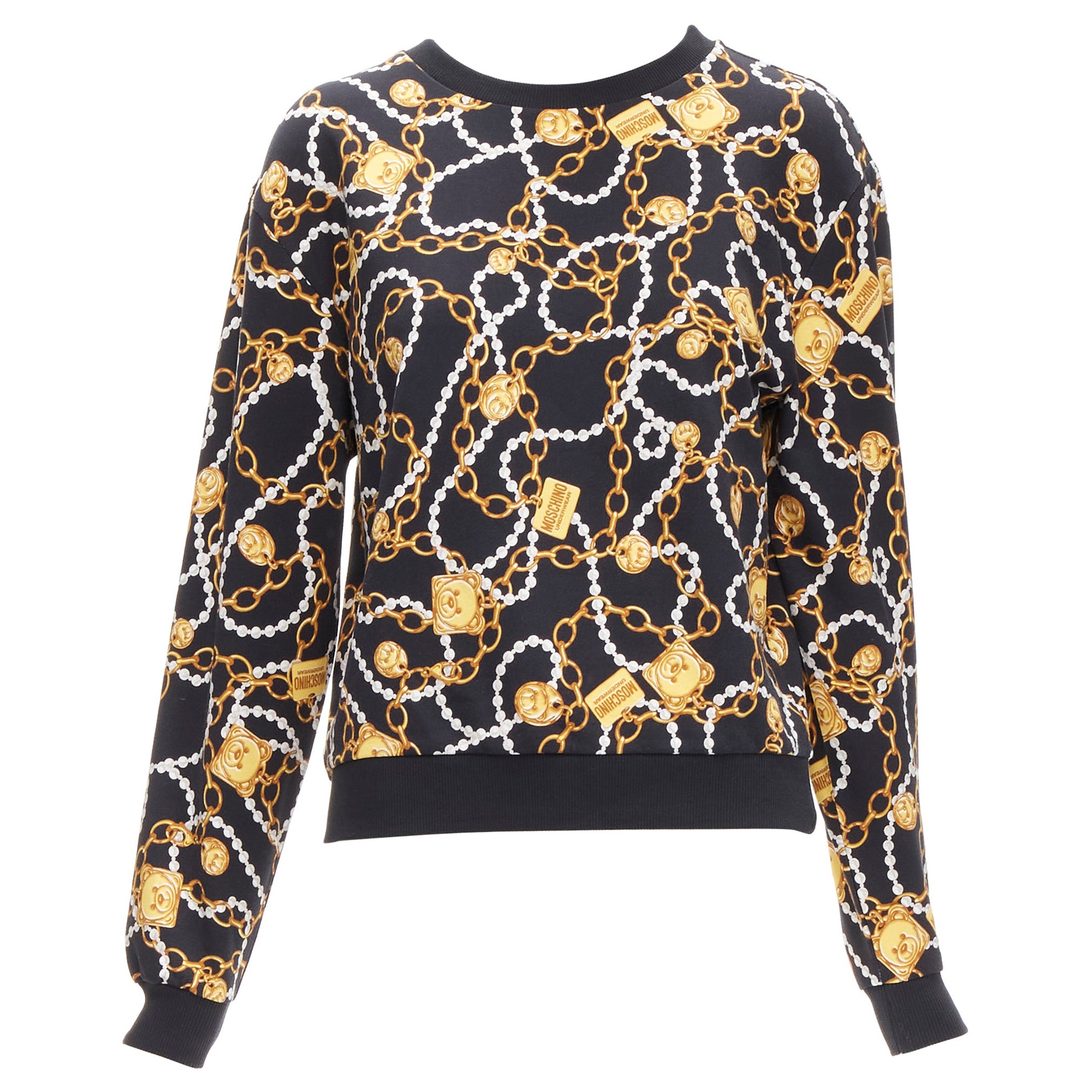 MOSCHINO UNDERWEAR black gold teddy bear chain pearl print sweatshirt S For Sale