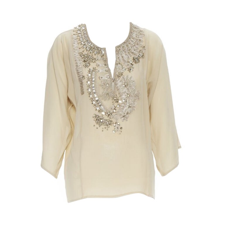 OSCAR DE LA RENTA 100% silk beige crystal embroidery collar 3/4 sleeve blouse XS For Sale