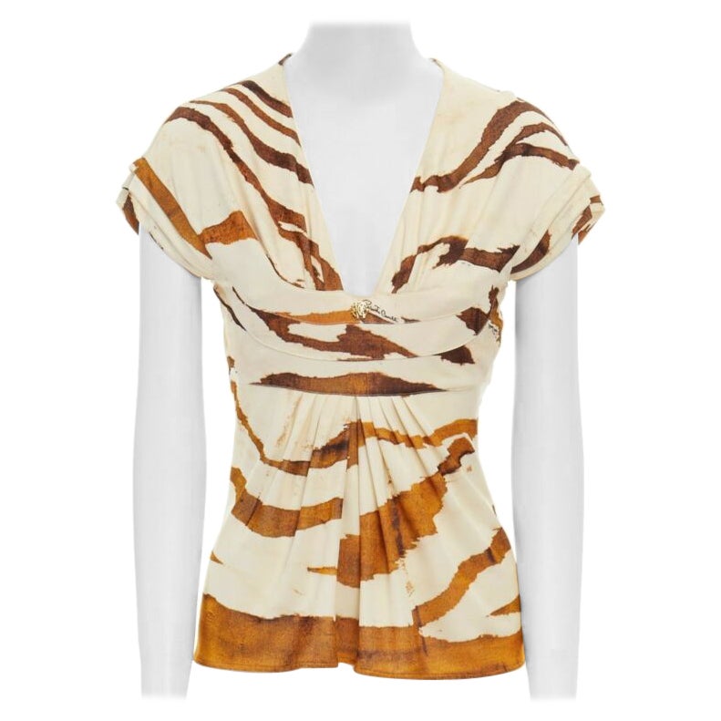 ROBERTO CAVALLI cream brown abstract print scoop neck top IT38 XS For Sale