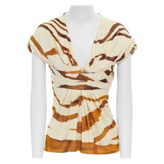 ROBERTO CAVALLI cream brown abstract print scoop neck top IT38 XS