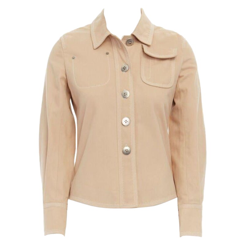 LOUIS VUITTON beige cotton white overstitched pocket detail shirt jacket FR36 S For Sale