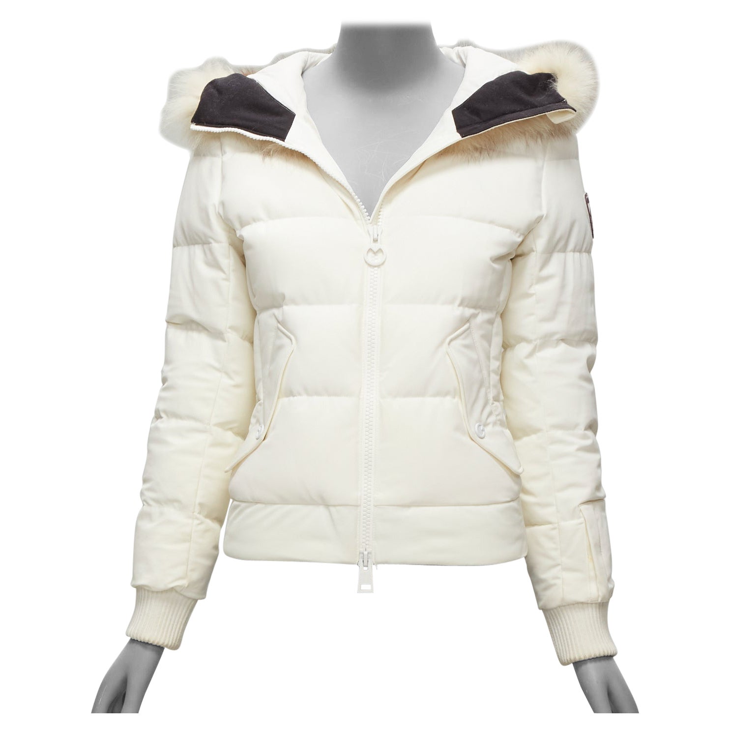 ROSSIGNOL ivory fur trim hood logo hooded down puffer jacket IT38 XS For Sale