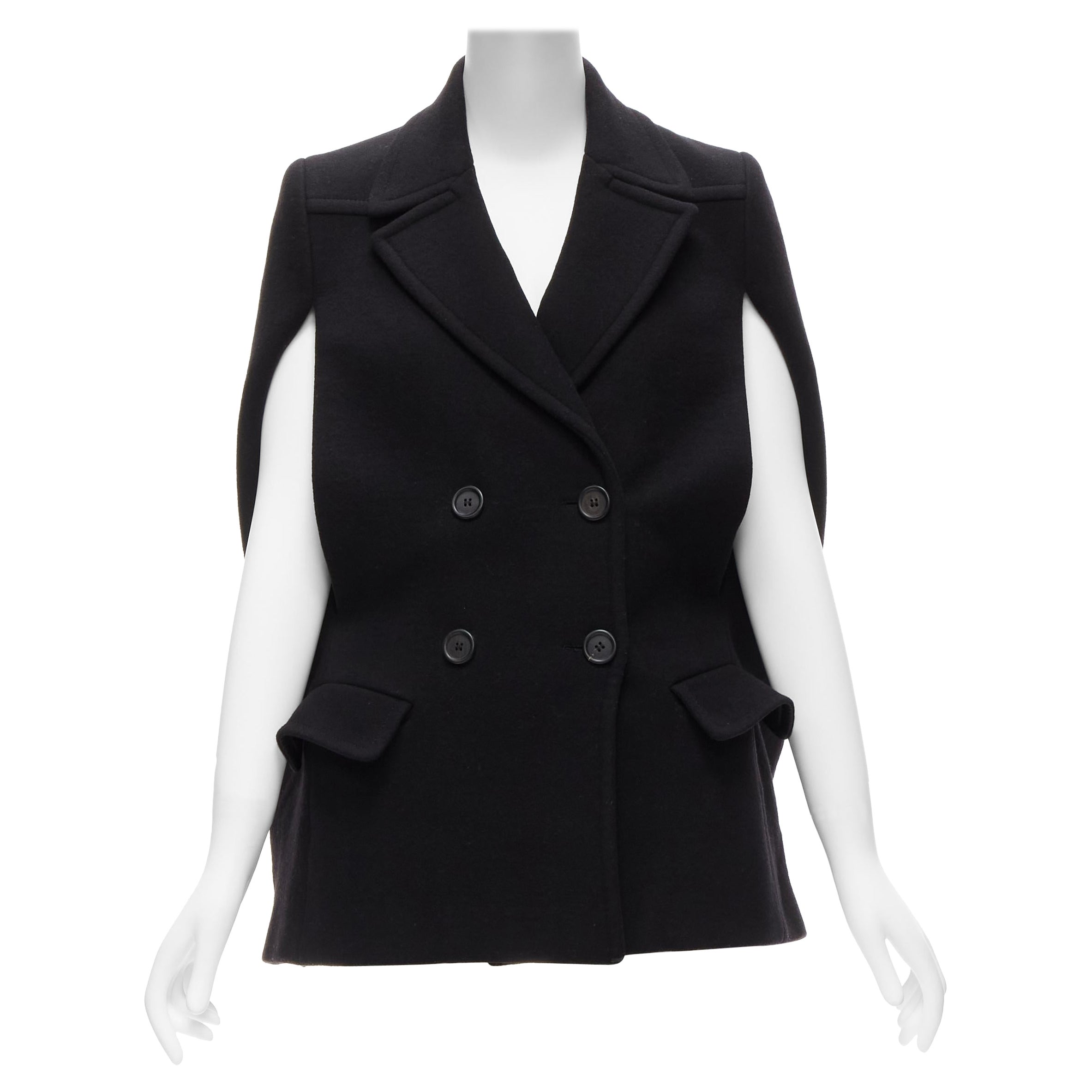 PRADA - Manteau poncho à double boutonnage en laine vierge noire, taille IT 38 XS, 2014 en vente