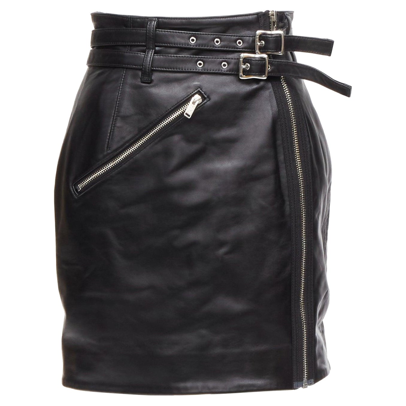 new UNDERCOVER black sheep leather silver zip motorcycle biker skirt JP2 M For Sale