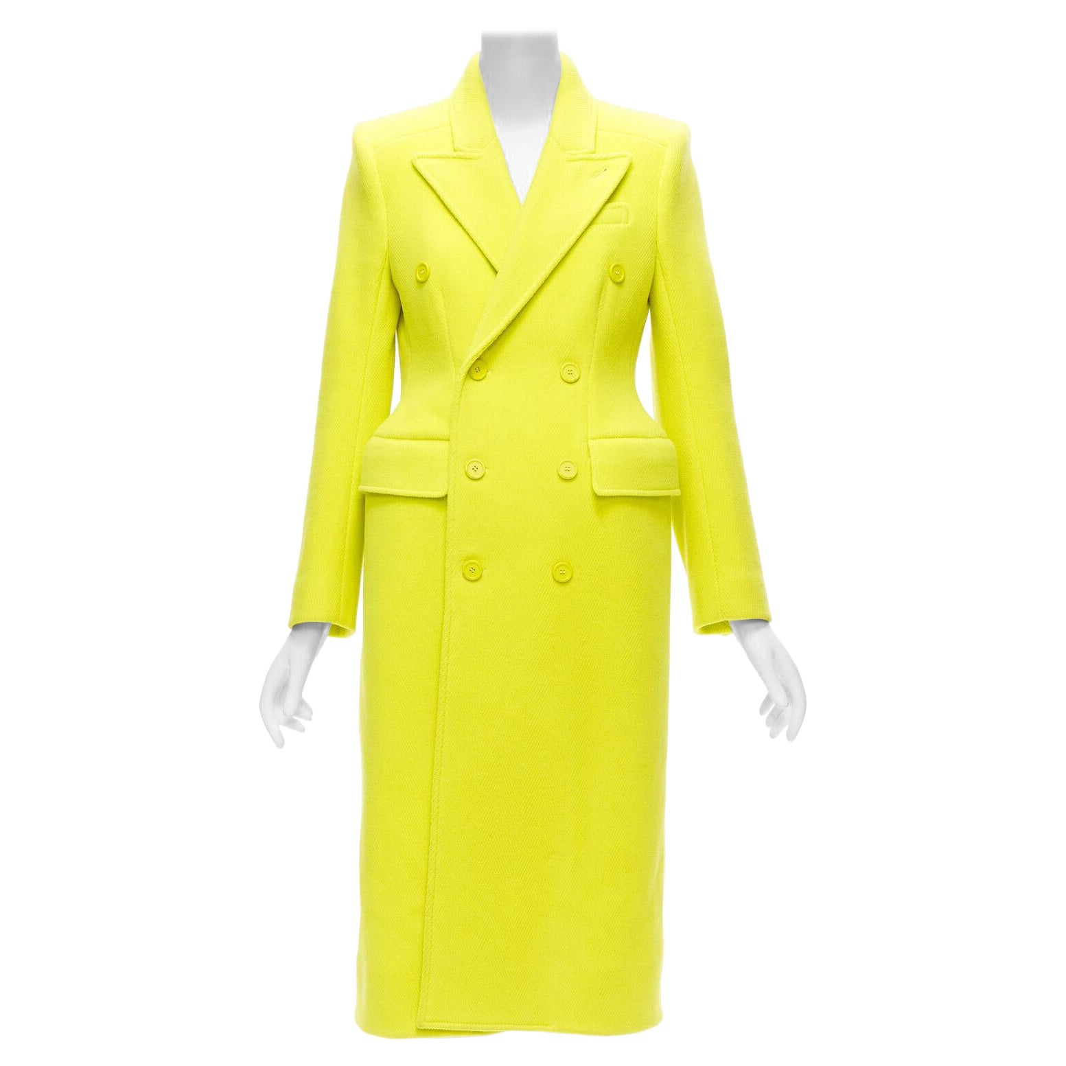 new BALENCIAGA Hourglass bright yellow wool double breasted peplum coat FR36 S For Sale