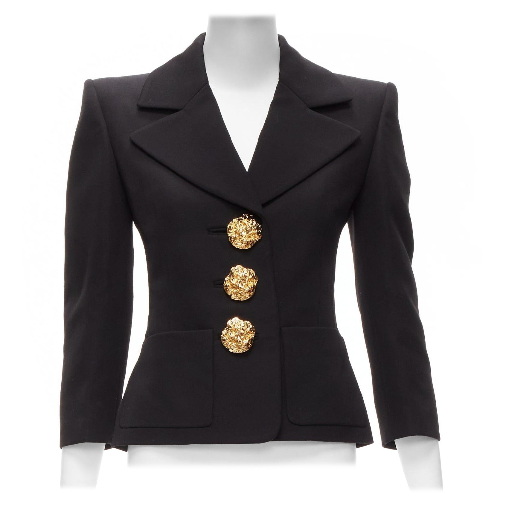 SAINT LAURENT 2022 wool gold big floral buttons 80s power shoulder blazer FR34 For Sale