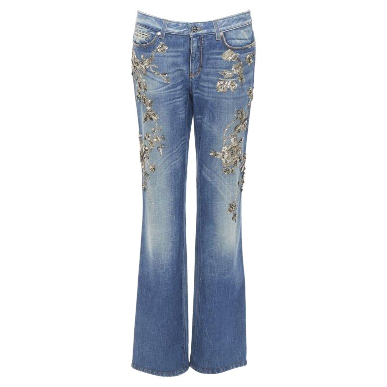 ROBERTO CAVALLI silver bead crystal floral embellished boot cut jeans IT42 M For Sale