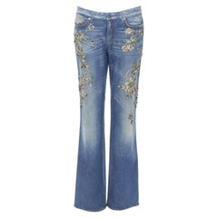ROBERTO CAVALLI silberne, perlenbesetzte, floral verzierte Stiefel-Jeans IT42 M