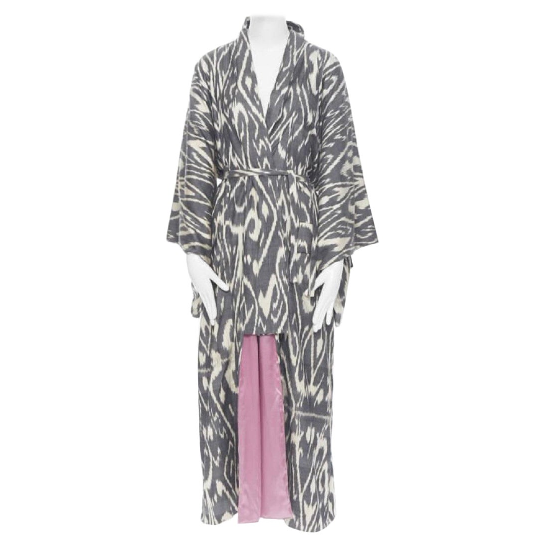 new OSCAR DE LA RENTA SS19 Runway brown black leopard pink silk lined kimono L For Sale