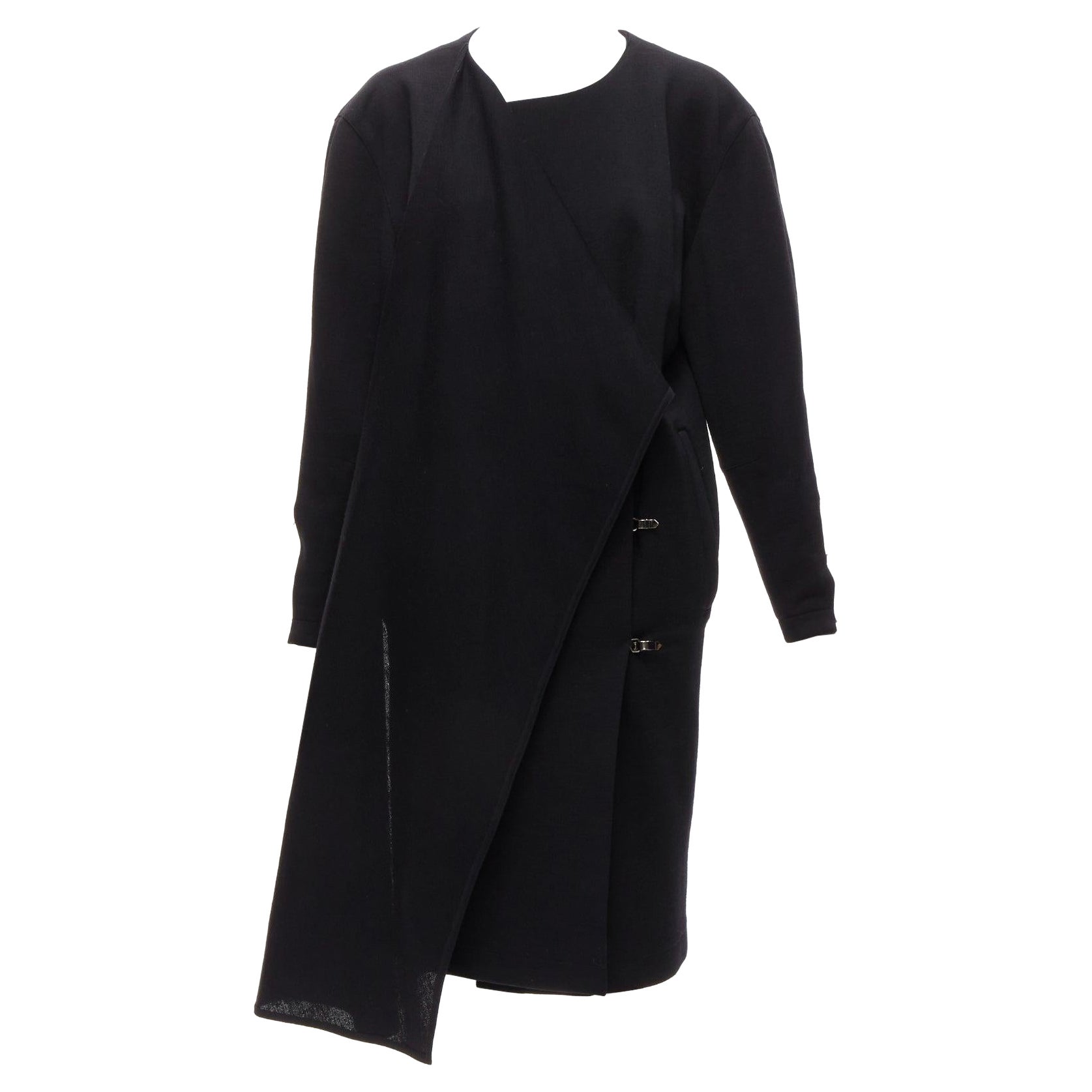 CLAUDE MONTANA 1980 Vintage manteau en laine noire à col écharpe et fermetures à glissière IT9A3 S en vente
