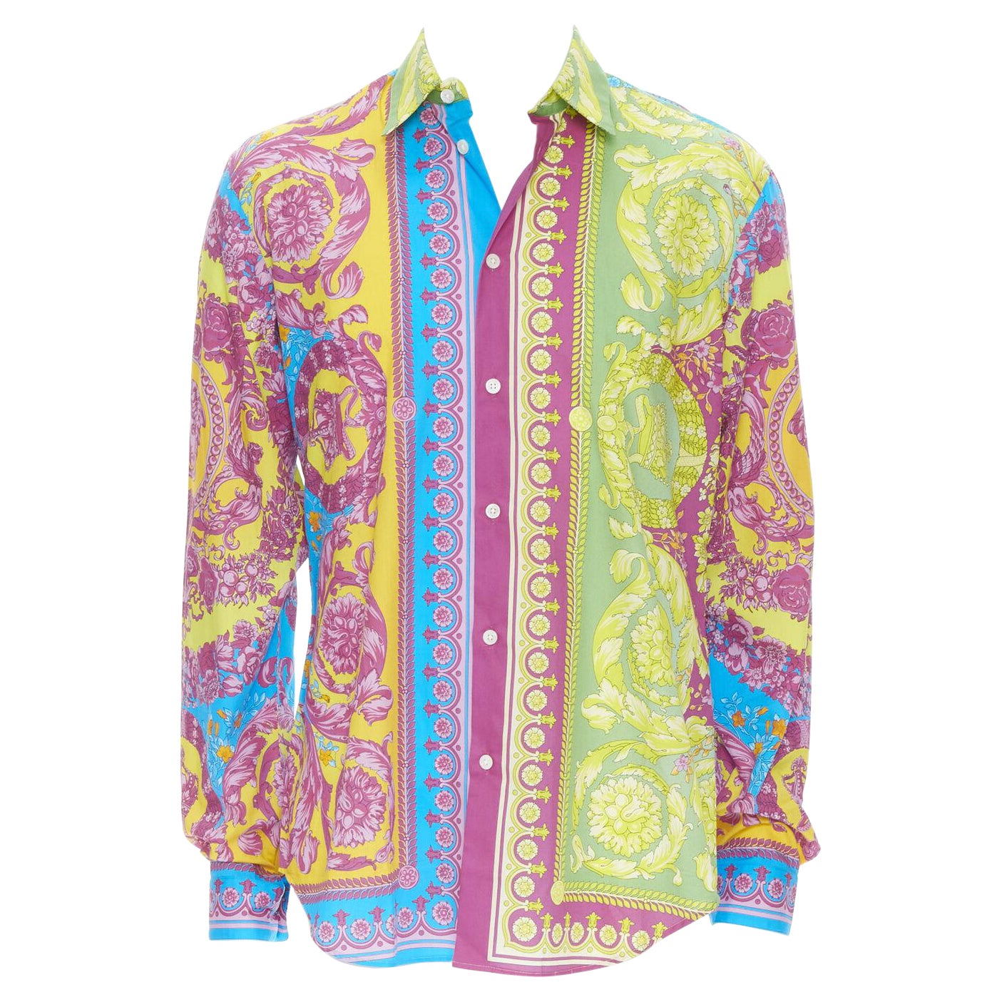 Neues VERSACE Pop Neon Barocco Technicolor Baumwollhemd mit Barockdruck EU38 S im Angebot