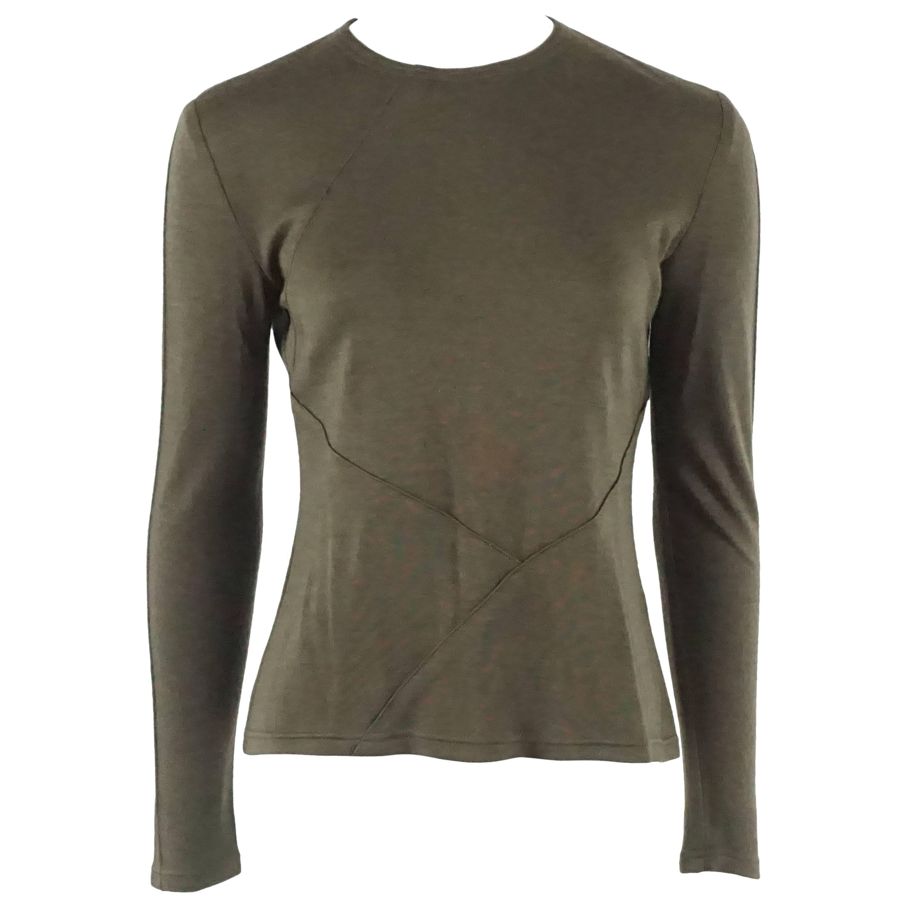 Chado Ralph Rucci Army Green Silk Jersey Long Sleeve Top - 8 For Sale