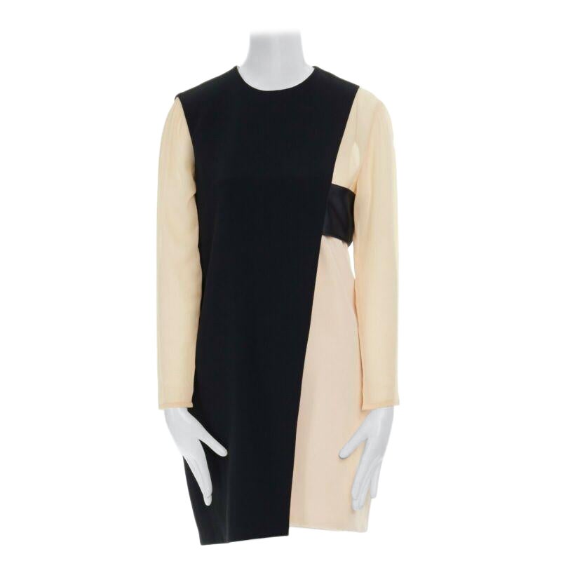 Celine Phoebe Philo nude black asymmetric silk layered sleeve shift dress FR38 en vente