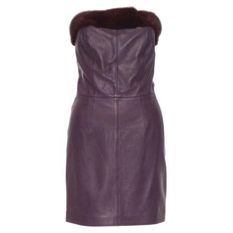 vintage GIANNI VERSACE 1997 purple leather fur trim strapless mini dress IT40 For Sale