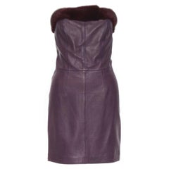 Vintage GIANNI VERSACE 1997 purple leather fur trim strapless mini dress IT40