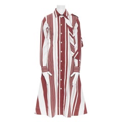neu CELINE PHILO 2018 rot weiß Baumwolle Streifen gegürtet Krawatte Hemd Kleid FR34 XS
