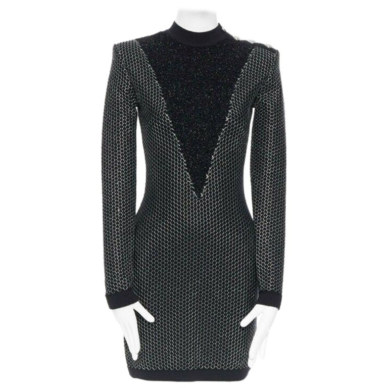 BALMAIN ROUSTEING black silver thread fluffy military button bodycon dress S For Sale
