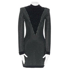 BALMAIN ROUSTEING black silver thread fluffy military button bodycon dress S