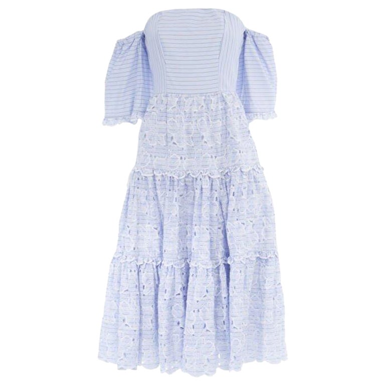 new ERDEM Runway blue striped floral embroidery off shoulder cotton dress US6 M