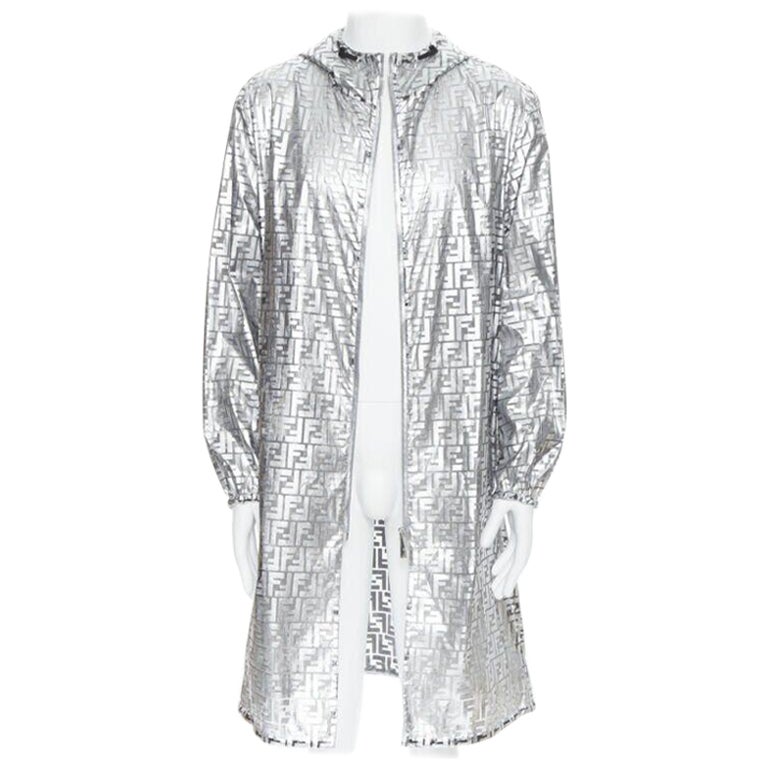 new FENDI Nicki Minaj Prints On metallic silver FF Zucca monogram anorak coat L For Sale