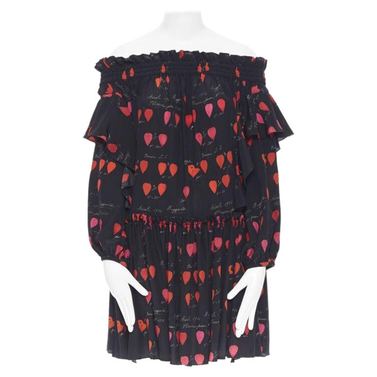 new ALEXANDER MCQUEEN black red petal print silk ruffle off shoulder dress IT40 For Sale