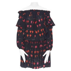 Neu ALEXANDER MCQUEEN schulterfreies Kleid aus Seide mit schwarzem und rotem Blütenblattdruck IT40