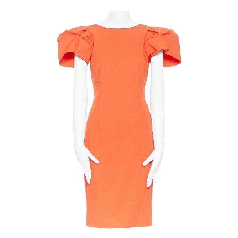 DSQUARED2 red orange ruche drape dart puff sleeve big shoulders dress IT44 L