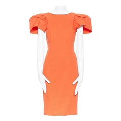 DSQUARED2 rosso arancio vestito con ruche, drappeggio, pince, maniche a sbuffo e spalle larghe IT44 L