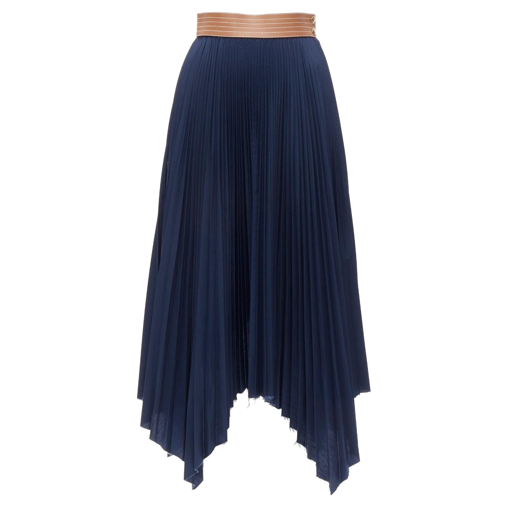 LOEWE brown cowhide leather topstitched belt navy pleated midi skirt FR34 XS For Sale