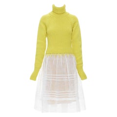 new LOEWE yellow wool chunky knit turtleneck sweater sheer skirt dress M