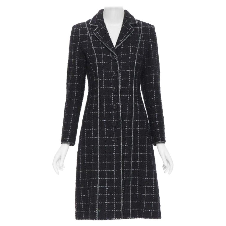 LUISA BECCARIA black silver check glitter tweed embellished long coat IT40 S For Sale