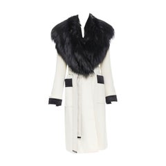 TOM FORD white wool crepe black fox fur collar quilted belted robe coat IT40 S