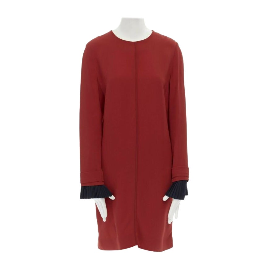 VVB VICTORIA BECKHAM red crepe navy pleated cuff long sleeves dress UK10 M For Sale
