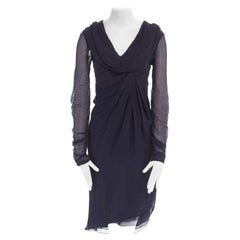 VALENTINO navy blue silk draped front waterfall tier hem sheer sleeve dress US2