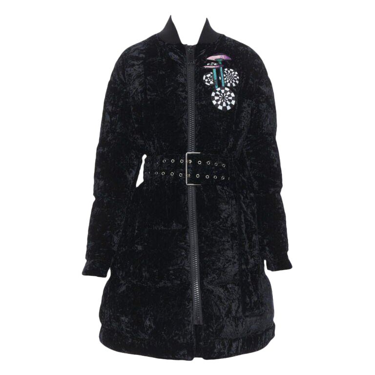 new VERSUS VERSACE embroidery black crushed velvet belted puffer jacket IT38 For Sale