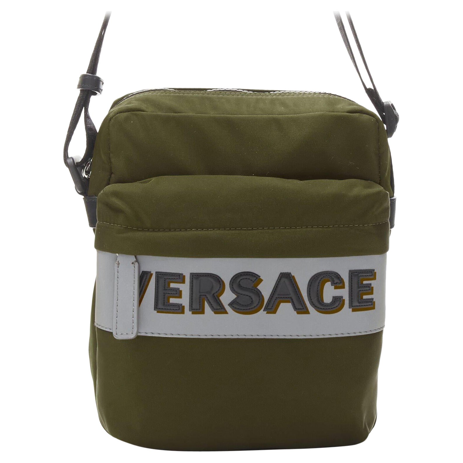 new VERSACE reflective logo green nylon Greca strap crossbody messenger bag en vente