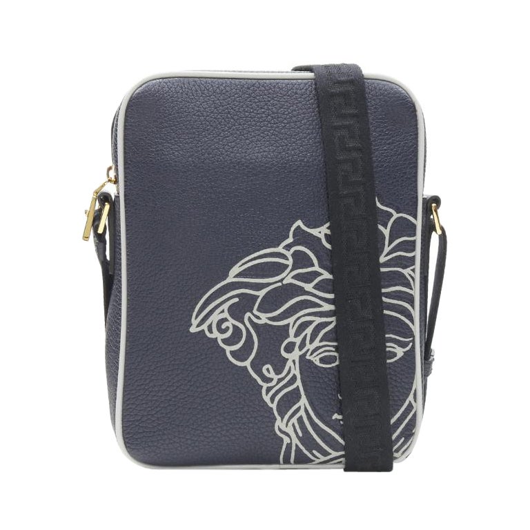 new VERSACE Pop Medusa navy grey calf leather Greca crossbody messenger bag For Sale