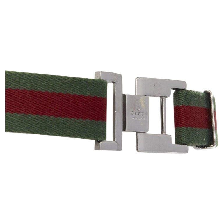 GUCCI Vintage Y2K silver ruthenium GG square buckle red green web belt For Sale