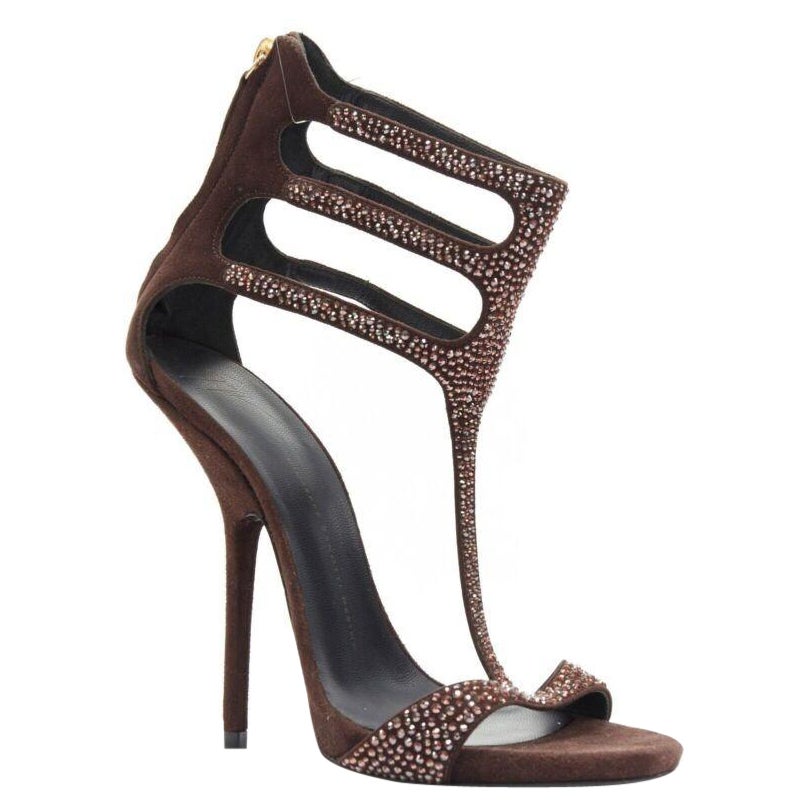 new GIUSEPPE ZANOTTI brown crystal strass T-strap curved heel sandal EU40.5 For Sale