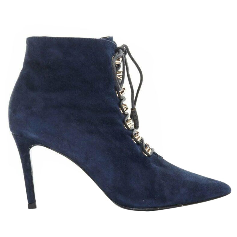 BALENCIAGA navy blue suede gold-tone stud lace up point toe bootie EU37 US7 For Sale